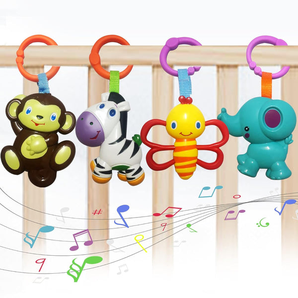 Baby Toys, Cartoon Animal Hanging Rattle Toys, Handbells Baby Rattles, 4 Pack for Infant Travel Stroller