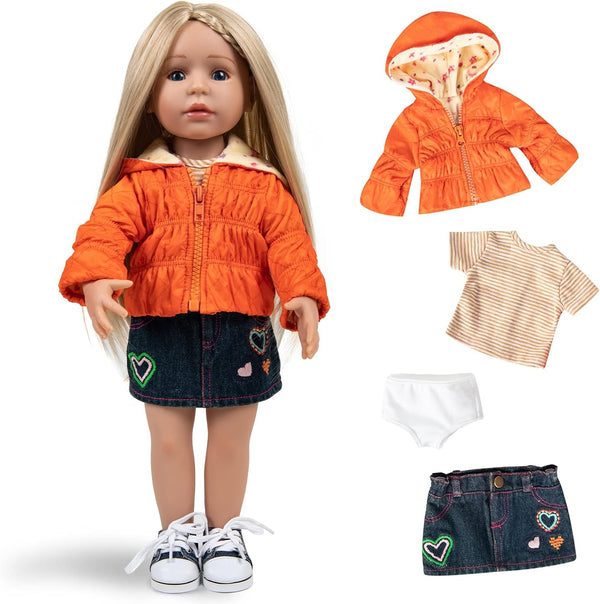 Doll Clothes Set Fashion 4 Pieces with Hooded Coat, T-Shirt, Jeans Skirt & Underpants for 18 Inch Dolls