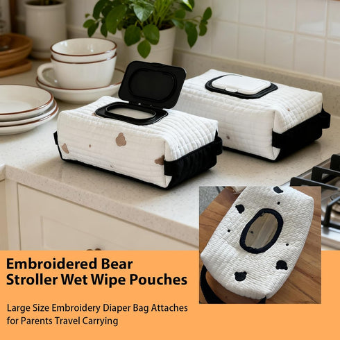 Generic (set1) Embroidered Bear Stroller Wet Wipe Pouches,Stylish Bear Embroidery Wet Wipe Pouches,Portable Baby Wipe
