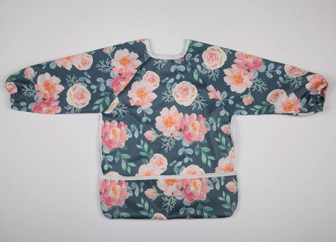 Toddler Baby Bib Sleeved Shirt with Pocket for Painting and Drawing, 1-3 Years Old (Floral)