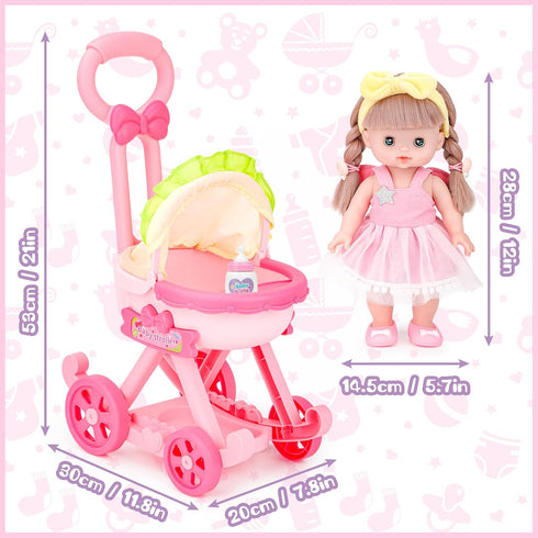 deAO Baby Doll Stroller with 12 Inch Doll, Foldable Stroller Role Play Set with 16 PCS Accessories for Kids