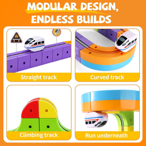 Set 3D 360 3-12 55PCS Electric Train for Kids, Infinity Racer Snap-Fit Cube Track Toy, DIY STEM Rail Cube Monorail