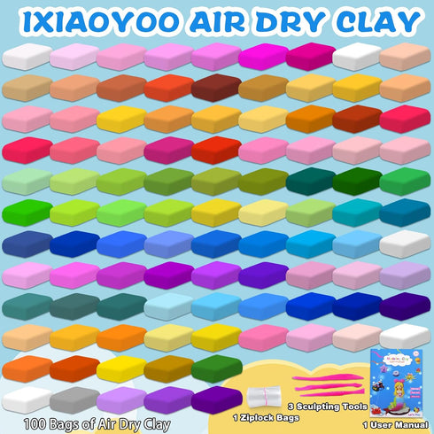 100 3-12 Ixiaoyoo Air Dry Clay, Colors Modeling Clay for Kids, Safe & Non-Toxic, DIY Model Art & Crafts Toys