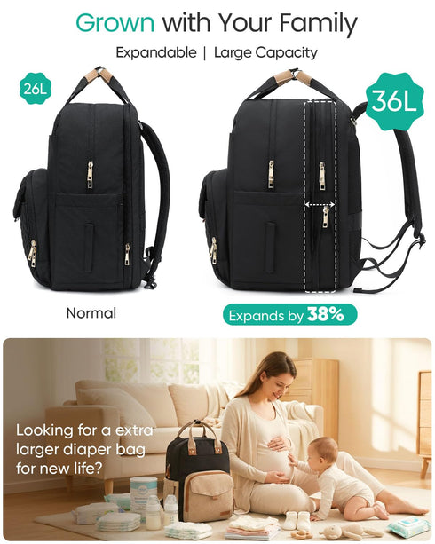 Backpack (26-36L) Qualyphant Extra Large Diaper Bag for Two Kids Twins - Expandable Baby Bag for Mom Girls Boys, Dual