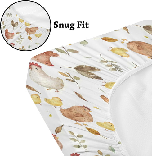 KuphiL10C Mattress-28x52 Watercolor Chicken Leaves Pattern Baby Sheets for Crib, Unisex Farm Animal Nursery Fitted Bed