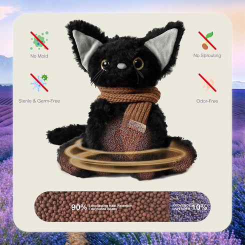 1 lb Cozy KOWSI Microwavable Heating Pad Black Cat Plush - Weighted Stuffed Animal Toy with Tourmaline Beads & Lavender