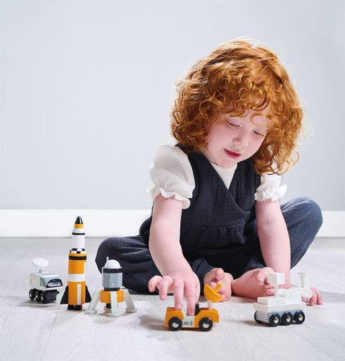 Tender Leaf Toys - Space Voyager Set, 7 Piece Solid Wood Space Vehicle Set with Moving Parts for Imaginative Play, Age