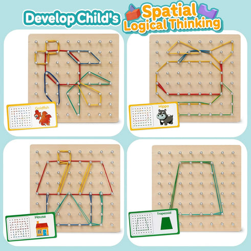 3+ Skrtuan Wooden Geoboard for Kids - Montessori STEM Educational Toy with Pattern Cards & Rubber Bands,Early Fine