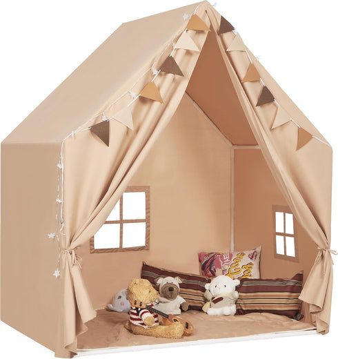 Kids Play Tent with Padded Mat & Star LED Lights, Large Indoor Play Room House Tent for Ages 4-10