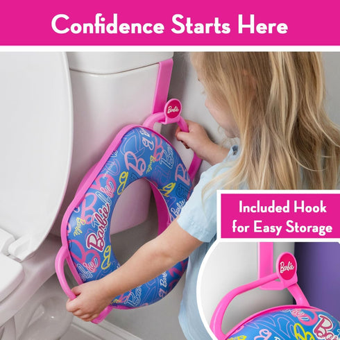 Barbie Soft Potty Training Seat for Toilet with Storage Hook, Cushioned Non-Slip Potty Ring with Splash Guard, Built