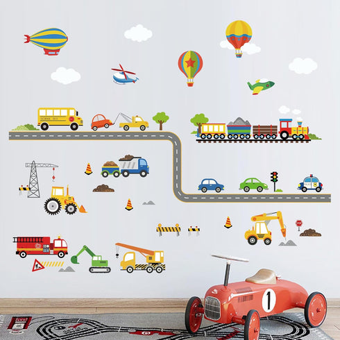 decalmile Construction Transportation Wall Decals, Kids Bedroom Wall Stickers for Baby Nursery Playroom Decor