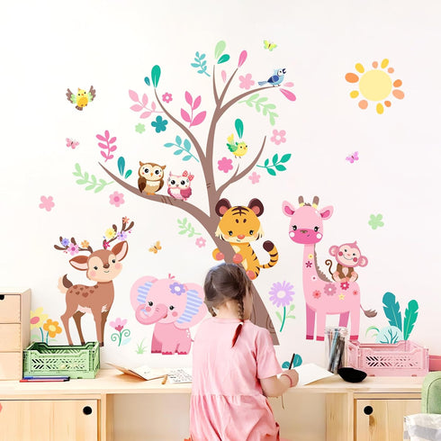 Supzone Jungle Animals Tree Wall Decals Pink Elephant Giraffe Wall Stickers for Kids Girls Bedroom Living Room Baby