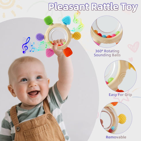 0-6 6-12 0-24Months Baby Teething Rings Toys for Months Baby Rattle Teether Sensory Toys for Babies Silicone Teether