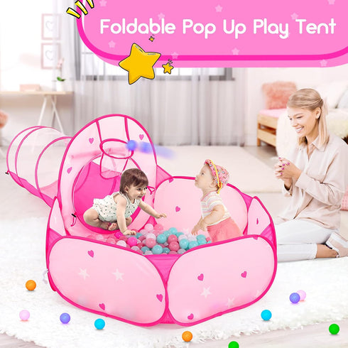 PigPigPen 3pc Kids Play Tent - Princess Tents with Ball Pit, Crawl Tunnel for Toddlers, Indoor & Outdoor Playhouse Toys