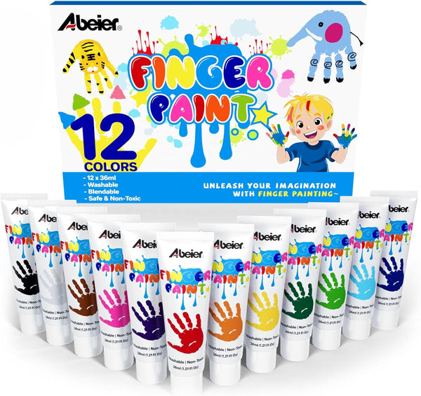 ABEIER Washable Finger Paint for Toddlers, Safe Non-Toxic, 12 Vibrant Colors, Mess Free Art Supplies for Kids