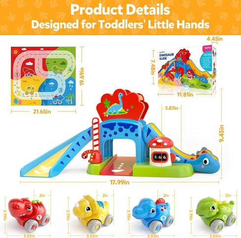 1 2 Set 4 12-18 1st 1-2, Toddler Toys for Year Old Boy Gifts - Educational Dinosaur Slide with Color/Number Push Cars