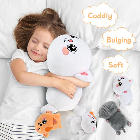 KMUYSL Cat Stuffed Animals Toy for Kids Ages 3-8, Mommy Cat with 4 Baby Kitties, Ideal Xmas Birthday Gifts