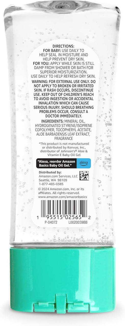 6.5 oz, Pack 1 Amazon Basics Baby Oil Gel with Aloe Vera & Vitamin E, Moisturizing, Fast Absorbing, No-Mess