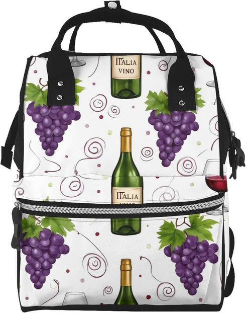 Qewfoju Wine Bottles And Grapes Print Diaper Bag Backpack Large Capacity Diaper Backpack