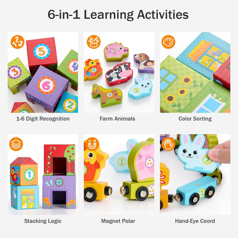 6 Set 18M-6Y, Counting Atoylink Stacking Blocks Nesting Toys with Magnetic Animal Train, Farm Cubes Number Learning