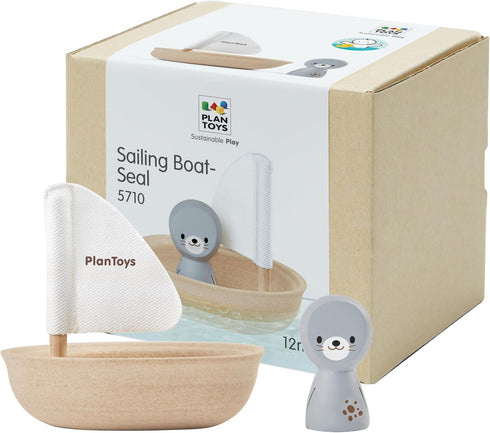 PlanToys Wooden Sailing Boat Toy with Seal | Bath Time Water Toy