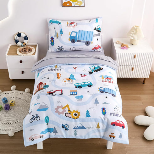 4-Piece Set Set Cars Toddler Bedding for Boys Girls- Soft & Skin Friendly Toddler Bed Includes Toddler Comforter, Flat