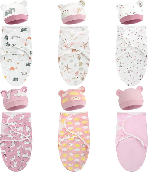 VitalCozy 6 Pack Preemie Swaddle Blanket Wrap with Hat Set Cotton Baby