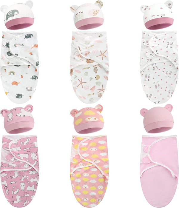 VitalCozy 6 Pack Preemie Swaddle Blanket Wrap with Hat Set Cotton Baby