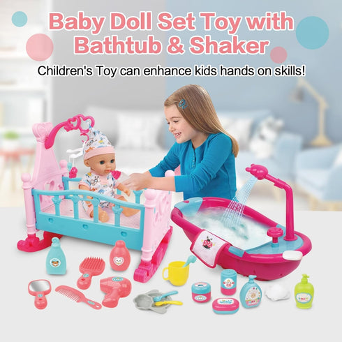RedCrab 12" Baby Doll Bath and Bed Play Set - 2-in-1 Shaker with Shower Spray & 25pcs Accessories for Girls 3+