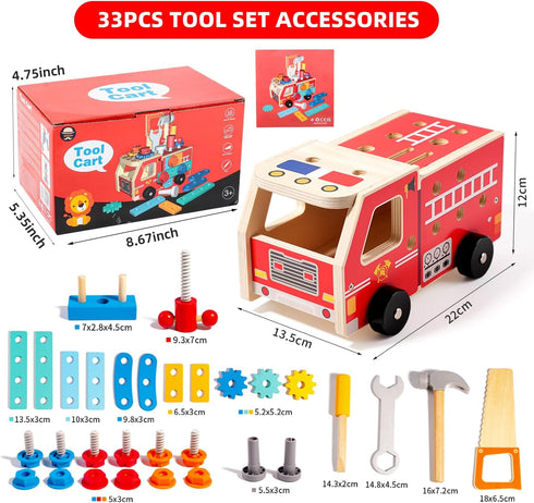 Set 33 3 Set Toddler Tool - PCS Wooden Kids Tools with Firetruck-Shaped Box / Bench, Montessori Educational Pretend