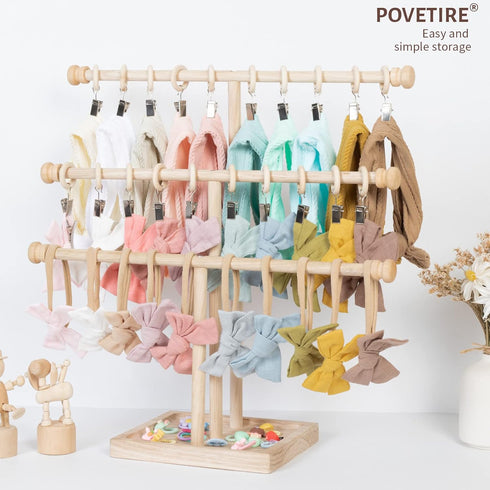 3 POVETIRE Headband Holder Stand Storage for Baby, Tier Wooden Bow Organizer for Girls Hair Bows, Infant Hair