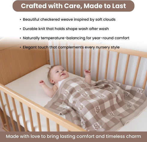 30x40 Inches, 100% Gender-Neutral Checkered Baby Blanket Mocha Teddy Bear Organic GOTS Certified Cotton, Soft