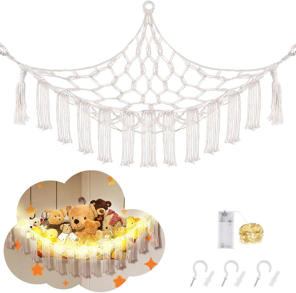 Stuffed Animal Hammock with LED Light, Toy Storage for Kids Room Decor, White