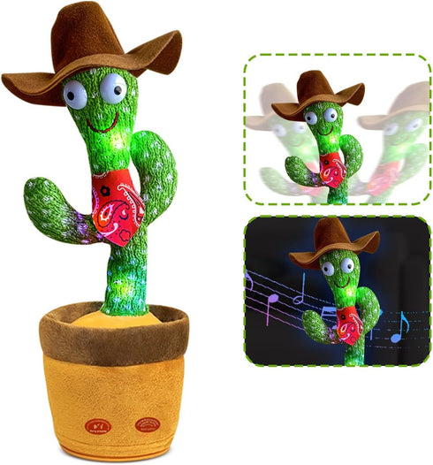 Sunny Dancing Cactus Toy - Talking, Lighting, and Mimicking Electronic Plush for Kids (Cowboy Style)