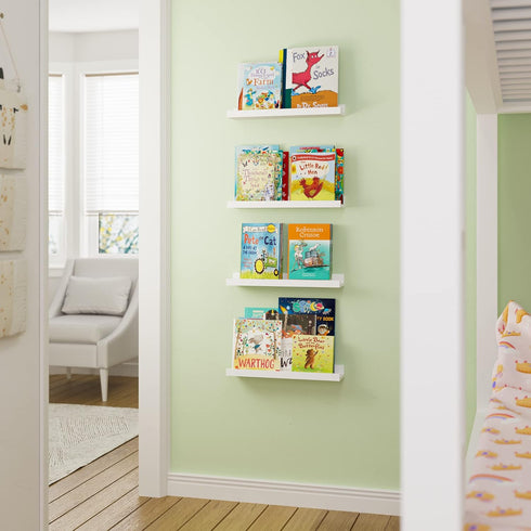 Set 4 Wallniture Denver Floating Shelves for Kids Room Decor, White Wall Bookshelf for Picture Frames, Kids Room