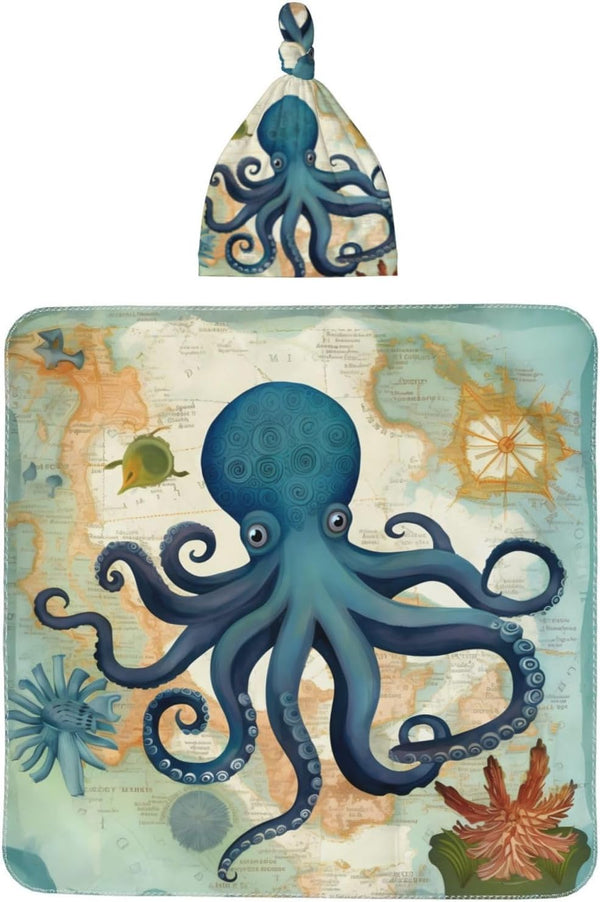 Map Octopus Sea Animals Baby Swaddle Blanket with Beanie Set, Newborn Receiving Blankets 35.4"X 35.4" for Infant Gift