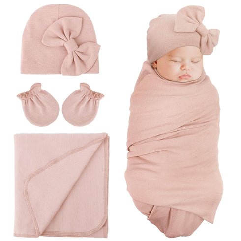 DRESHOW BQUBO Newborn Receiving Blanket Bow Hat Gloves Set Cotton Warm Baby