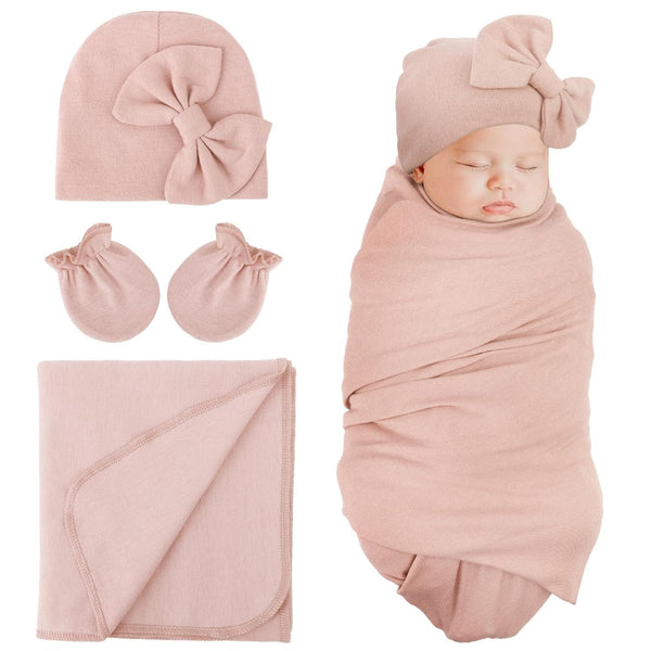 DRESHOW BQUBO Newborn Receiving Blanket Bow Hat Gloves Set Cotton Warm Baby