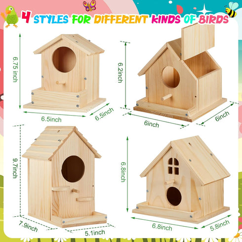 Juexica 4 Pack Birdhouse Kit - DIY Wooden Bird House with Paint and Brushes for Indoor/Outdoor Craft Fun