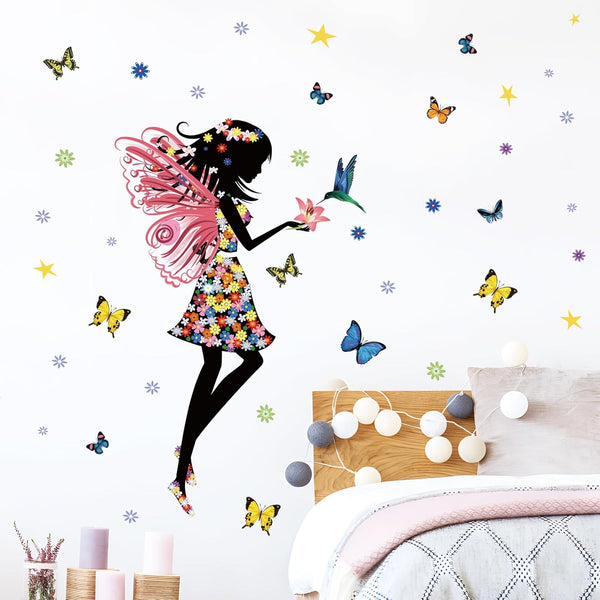 Supzone Butterfly Girl Wall Sticker – Colorful Fairy Vinyl Art Decal for Girls' Nursery and Kids' Bedroom Decor