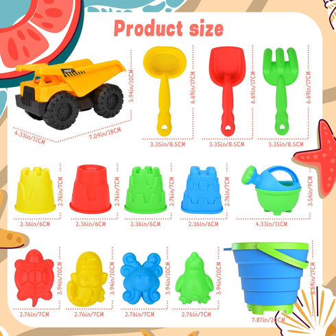 Fegalop 14Pcs Sets, Set Bag,Summer Beach Toys, Sand Toys with Construction Vehicle and Collapsible Beach Bucket, Animal
