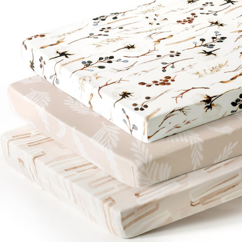 3 Pack Stretchy Ultra Soft Jersey Knit Fitted Pack and Play Sheets, Stylish Flora for Baby, Beige