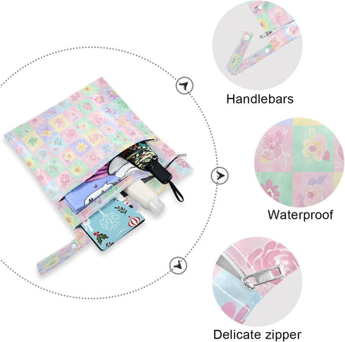 Burbuja 2 Pack, 2 Flower Plaid Wet Dry Bags for Baby Cloth Diaper Waterproof Reusable Wet Bag with Zippered Pockets