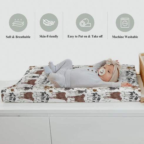ZoUbqchY 32''16'' Watercolor Cows Green Leaves Baby Changing Pad Covers for Boys Girls Cow Yak Cattle Farm Animal