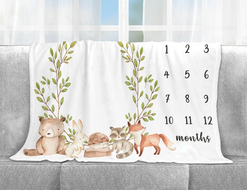 Woodland Milestone Blanket, Forest Animals Baby Growth Chart Monthly Blanket, Watch Me Grow for New Moms Baby Shower