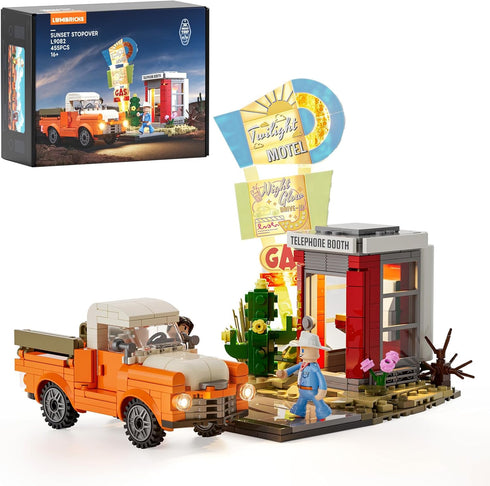 Lumibricks City Sunset-Stopover Lighting-Building-Bricks Set - Road Trip Car Station Modular Collection