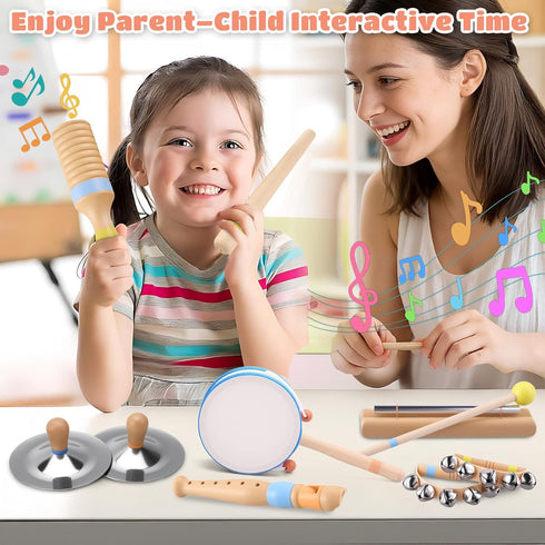 MGparty 13, Set Baby Musical Instruments for Toddlers Montessori Wooden Music with Drum Flute Clarinet Bells Cymbals
