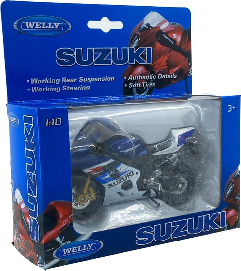 Welly Die Cast Motorcycle, Blue, Suzuki GSX-R750, 1:18 Scale