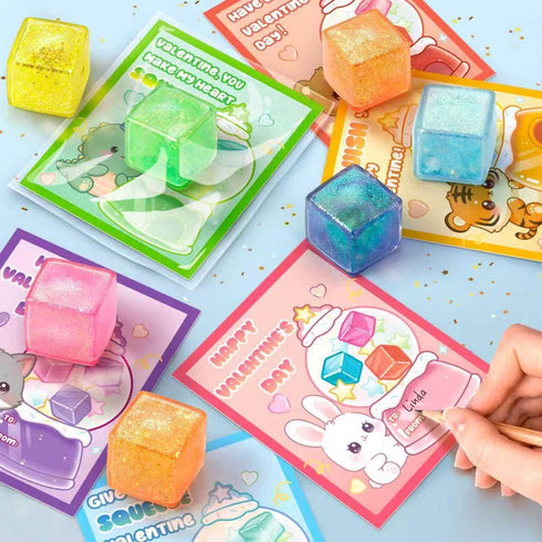 24 6 Valentines Day Cards for Kids School, Pcs Ice Cube Shaped Squeeze Balls with Cards, Stress Relief Fidget Toys