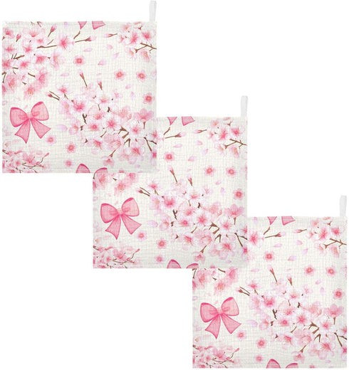 Nander 3Pack Baby Muslin Washcloths,Cherry Blossoms and Bows Soft Face Cloths for Newborn, Absorbent Bath Wash Cloths